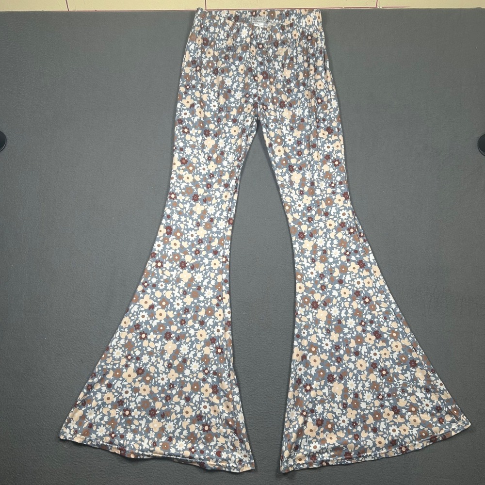 Daisy Del Sol Bell Bottoms Womens M Blue Floral Flare Leg Boho Festival Stretchy